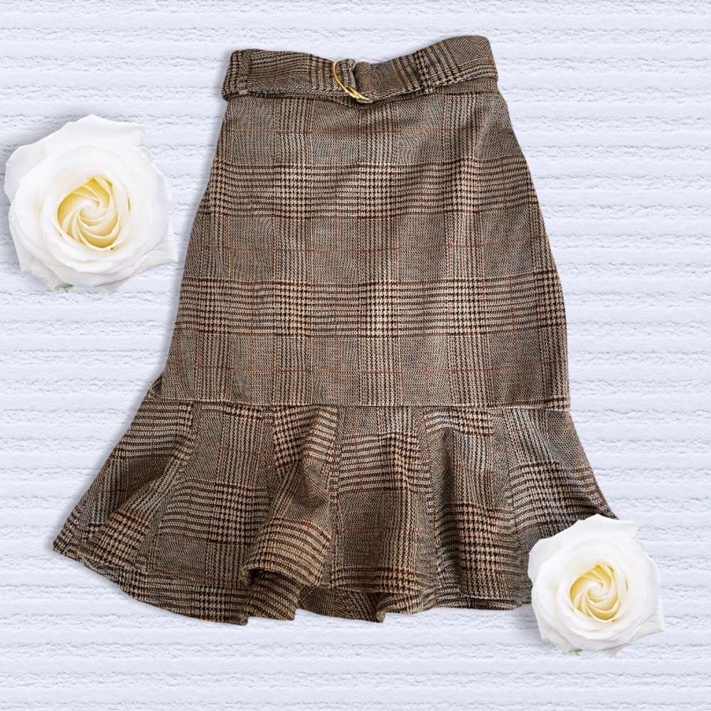 Calvin Klein women’s Flounce-Hem Belted Sz 12 Plaid Pencil Skirt